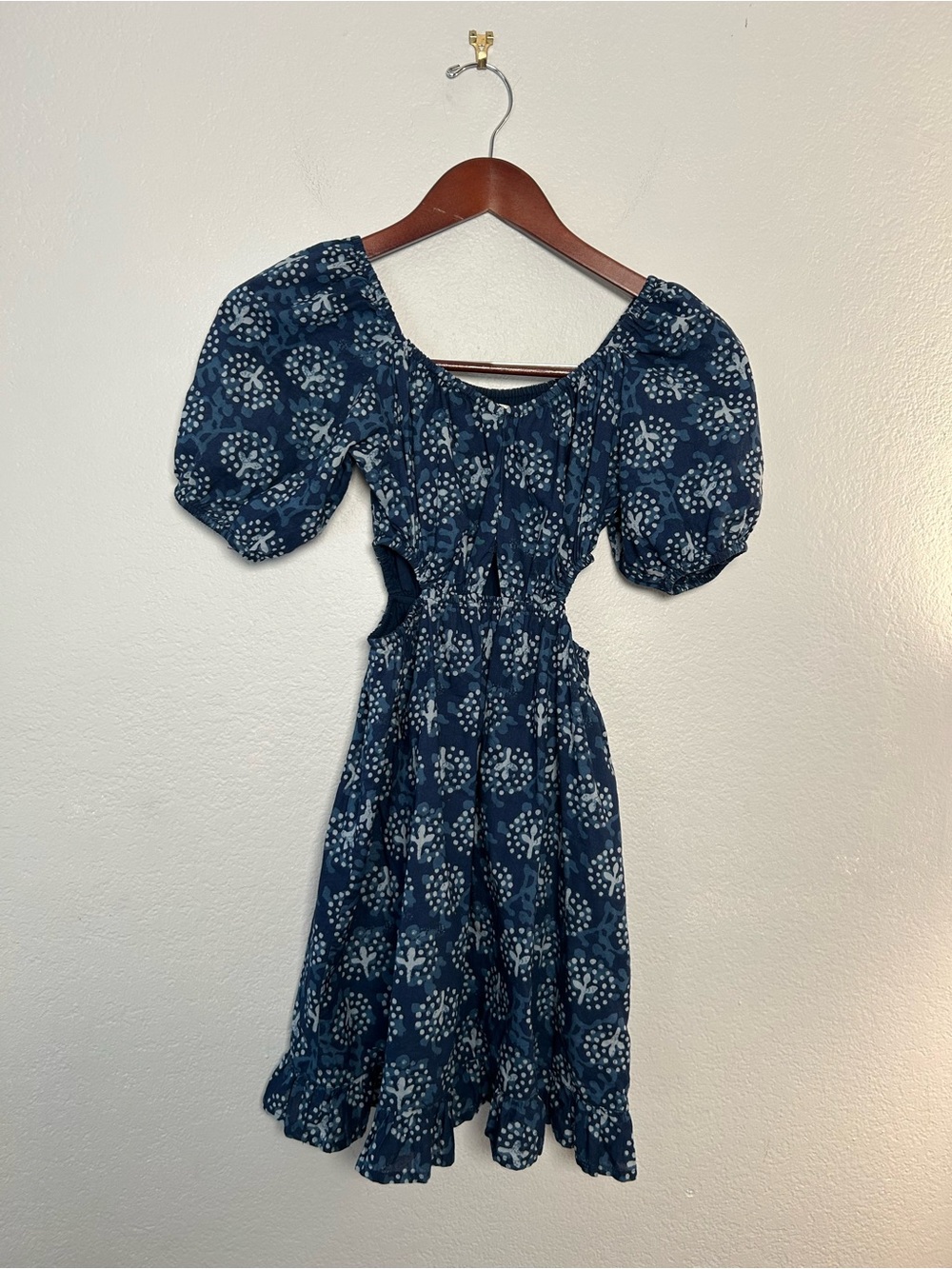 Zara Kids Navy Blue Floral Puff Sleeve Midi Dress with side cutouts size 10